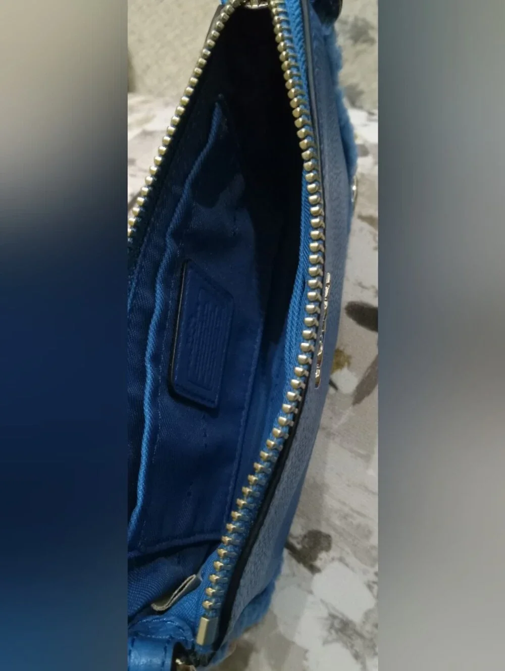 Coach Peacock Blue Fur Trim Mini